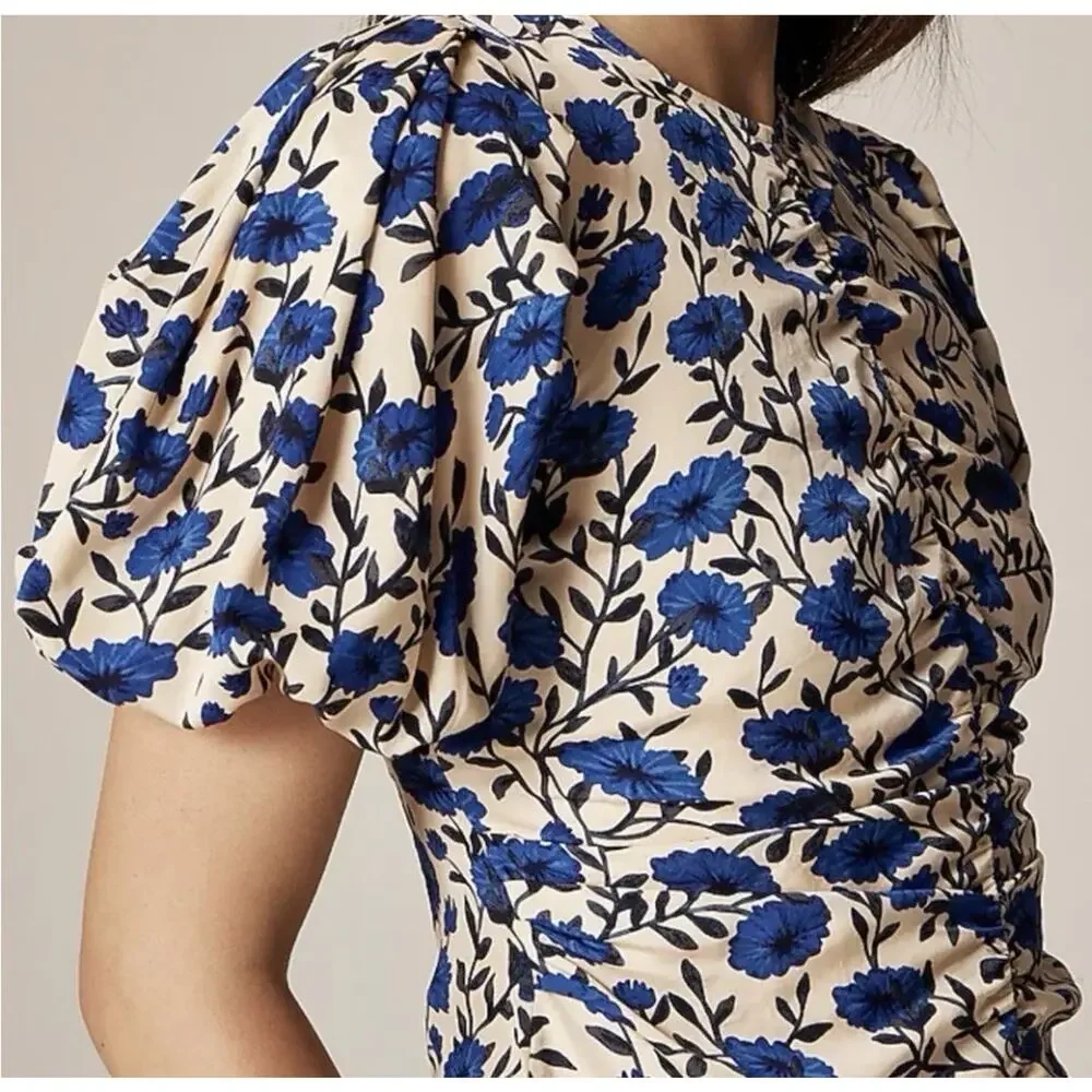 New J.Crew Size 8 Veranda shirt Ruched Smocked Blue Floral Puff Sleeves Satin i6